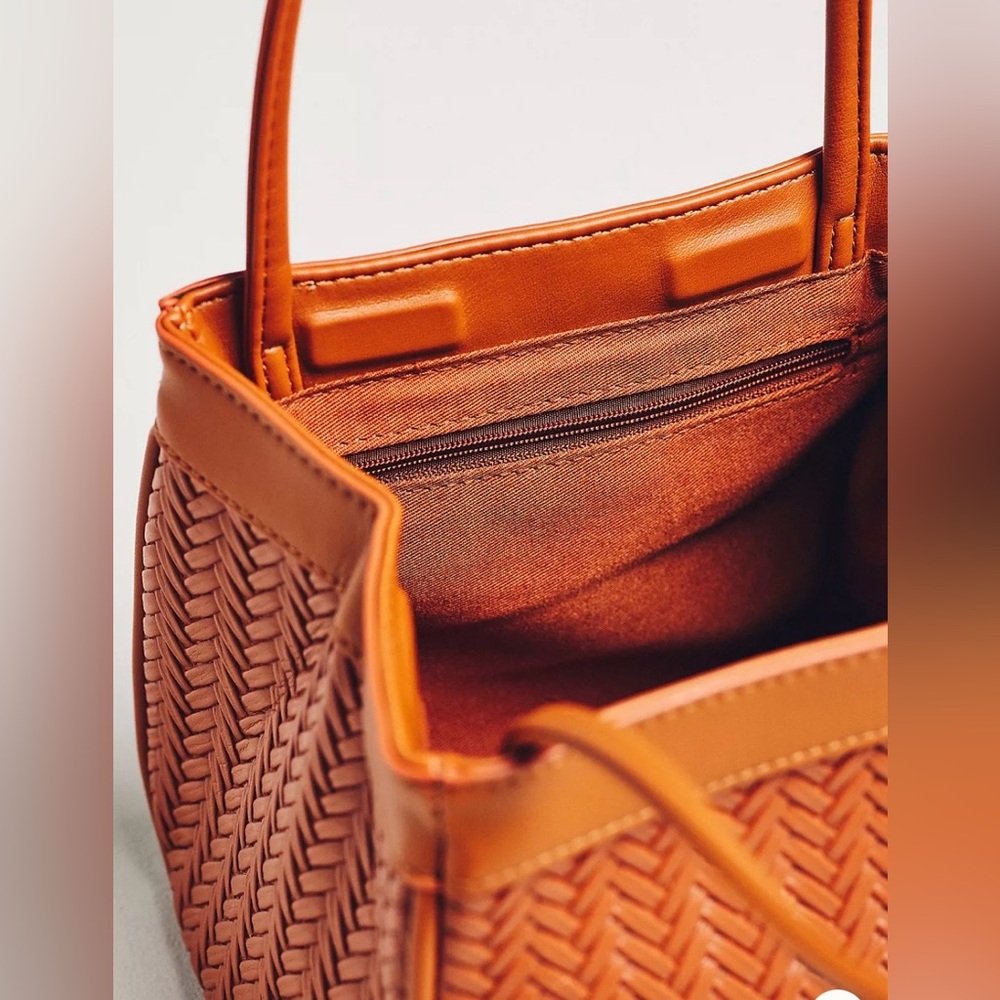 Anthropologie Brown Woven Mini Boxy Top Handle Tote Bag - Picture 3 of 3
